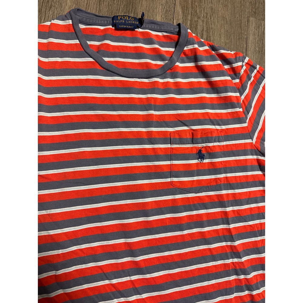 Polo Ralph Lauren Mens Custom Slim Fit Striped Pocket T-Shirt red Grey LG